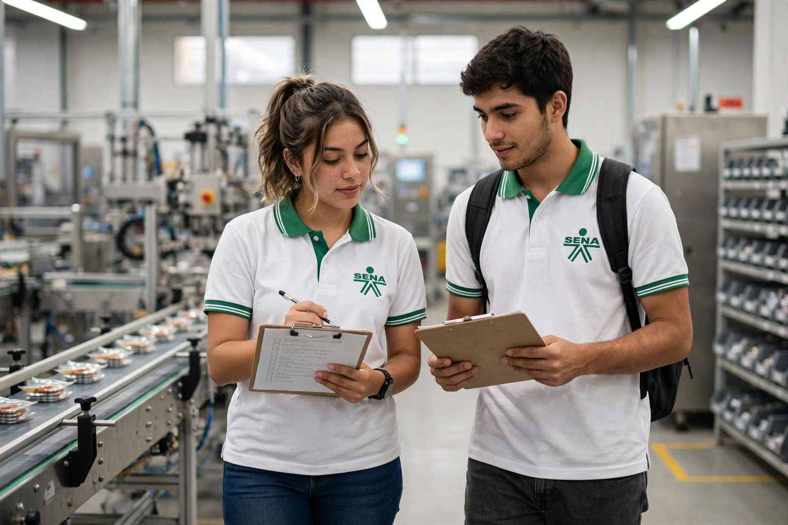 Aprendices revisando una línea de producción con planillas de control