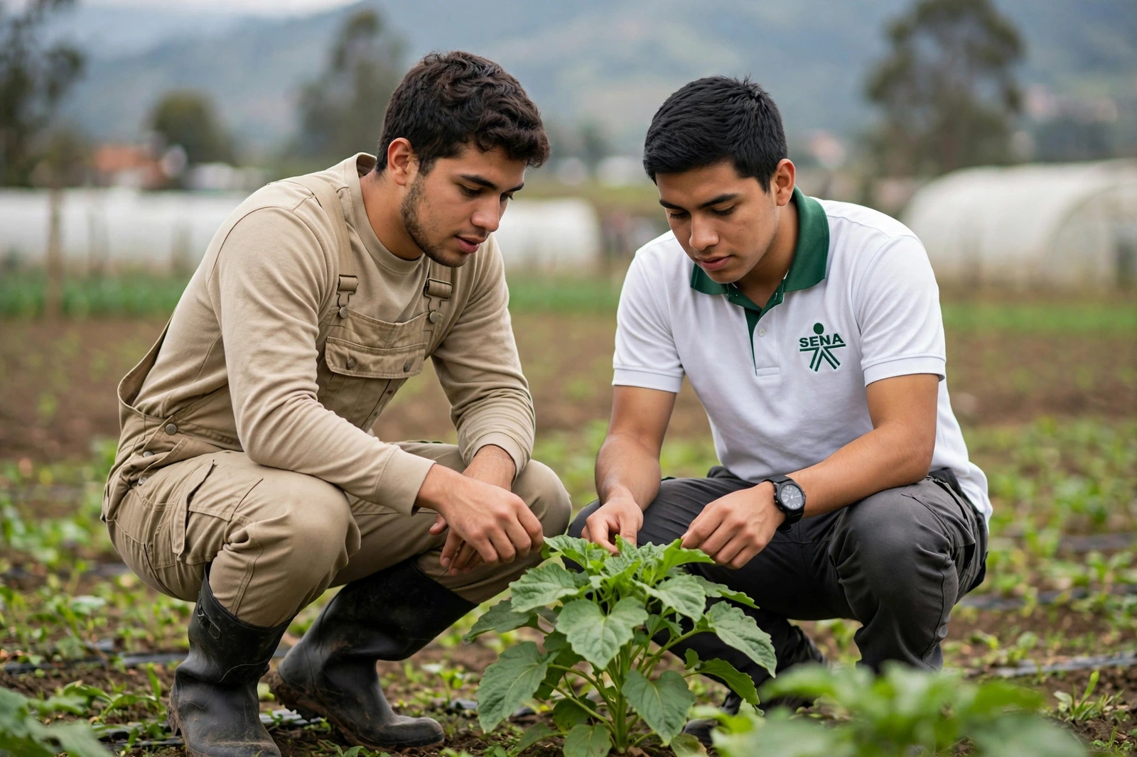Aprendices revisando una planta forrajera en la pradera de la finca