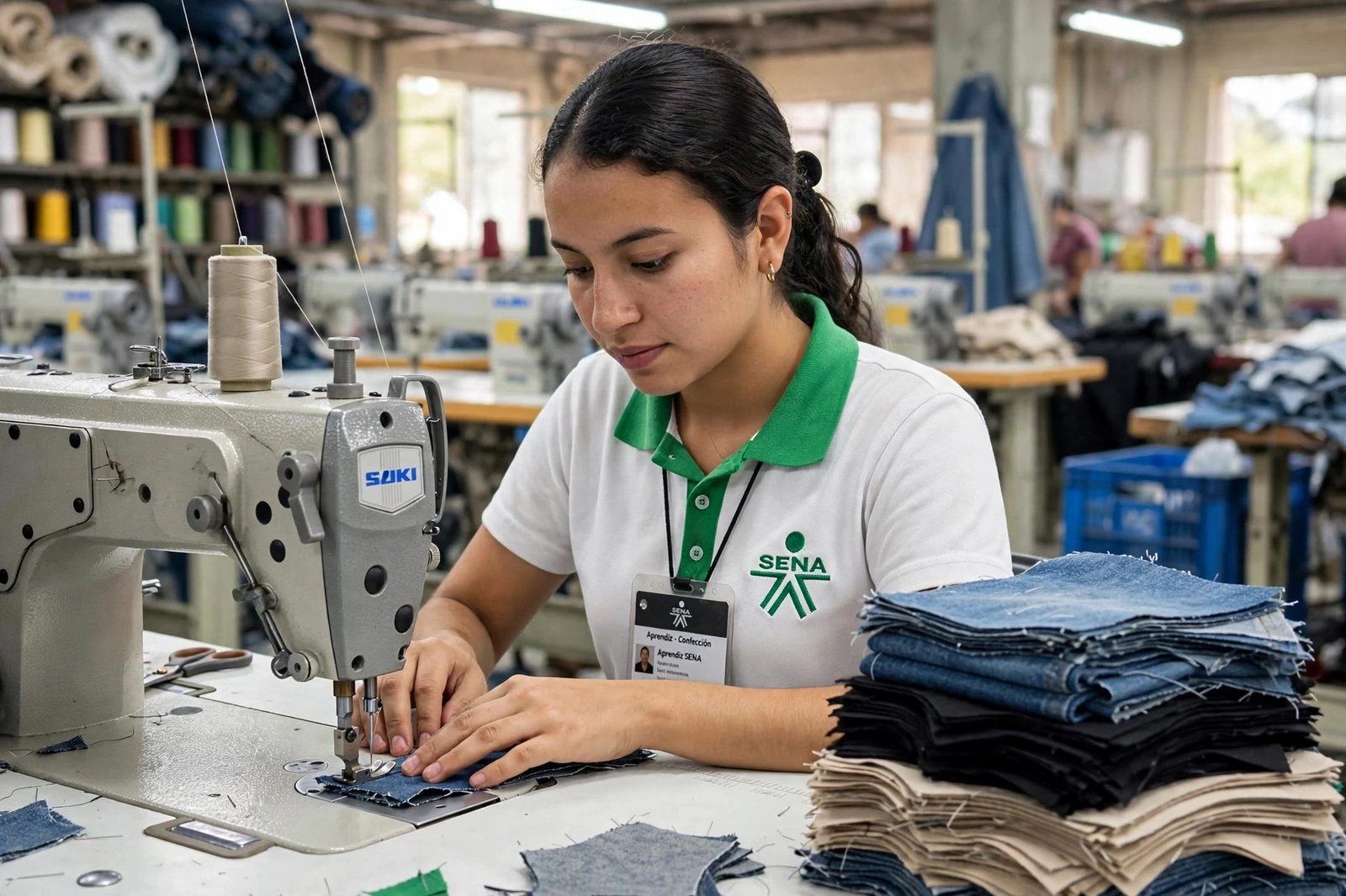 Aprendiz cosiendo una pieza de denim en máquina plana industrial