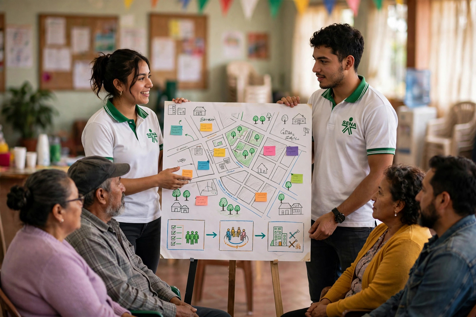 Pareja de aprendices socializando un proyecto con líderes de la comunidad