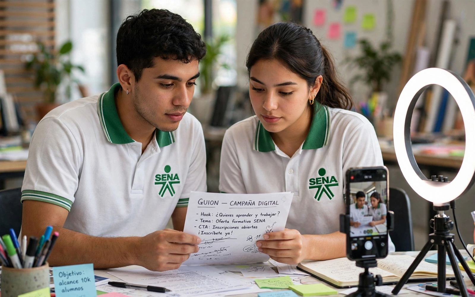 Pareja de aprendices revisando el guion de una campaña digital junto a un aro de luz