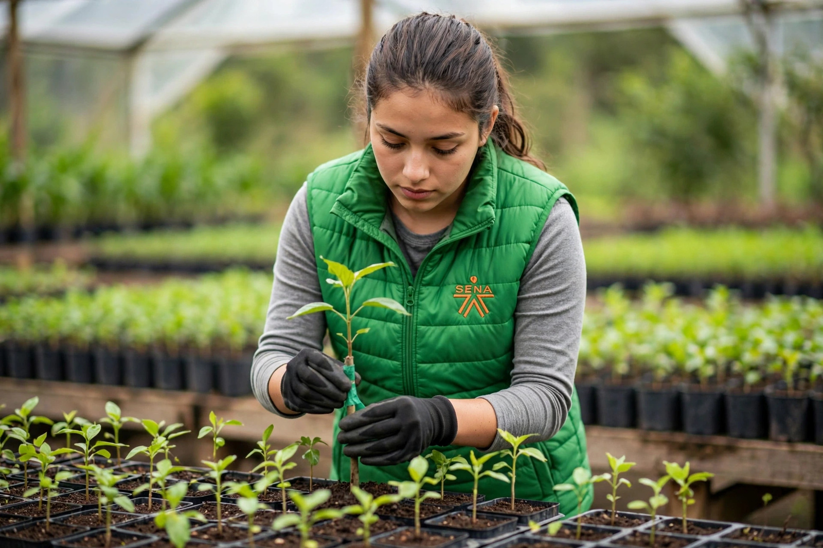 Aprendiz trabajando una plántula en el vivero