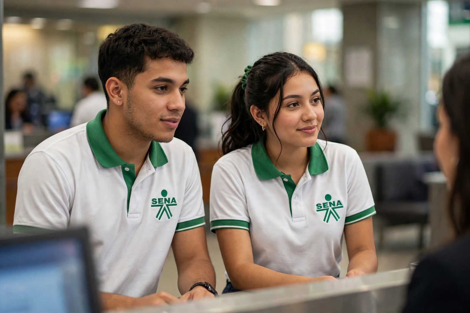 Aprendices atendiendo a un cliente en una ventanilla de servicios financieros