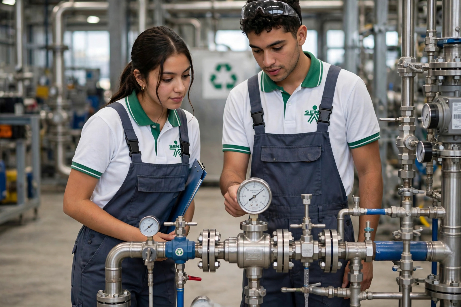 Pareja de técnicos inspeccionando tuberías y manómetros en una planta industrial