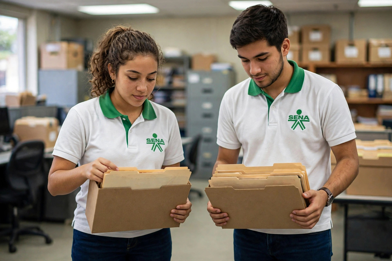 Pareja de aprendices consultando carpetas de archivo como fuentes