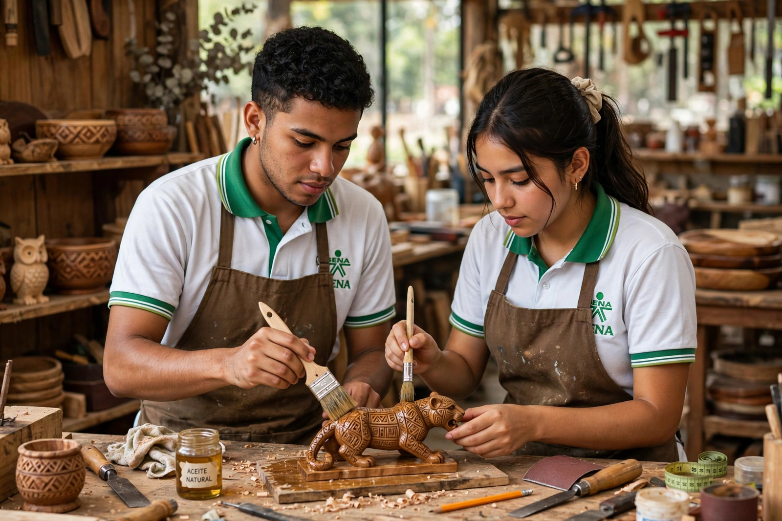 Aprendices aplicando el acabado a una pieza de madera tallada en el taller