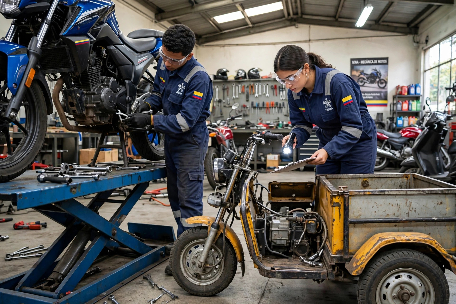 Pareja de aprendices trabajando en motocicletas sobre el elevador del taller