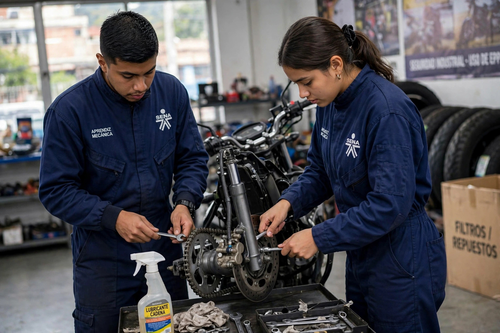 Pareja de aprendices trabajando en el conjunto delantero de una motocicleta en el taller