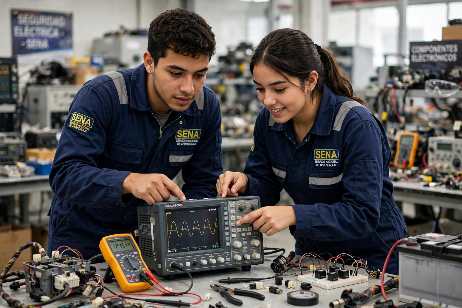 Técnico del SENA usando un escáner de diagnóstico junto a un motor