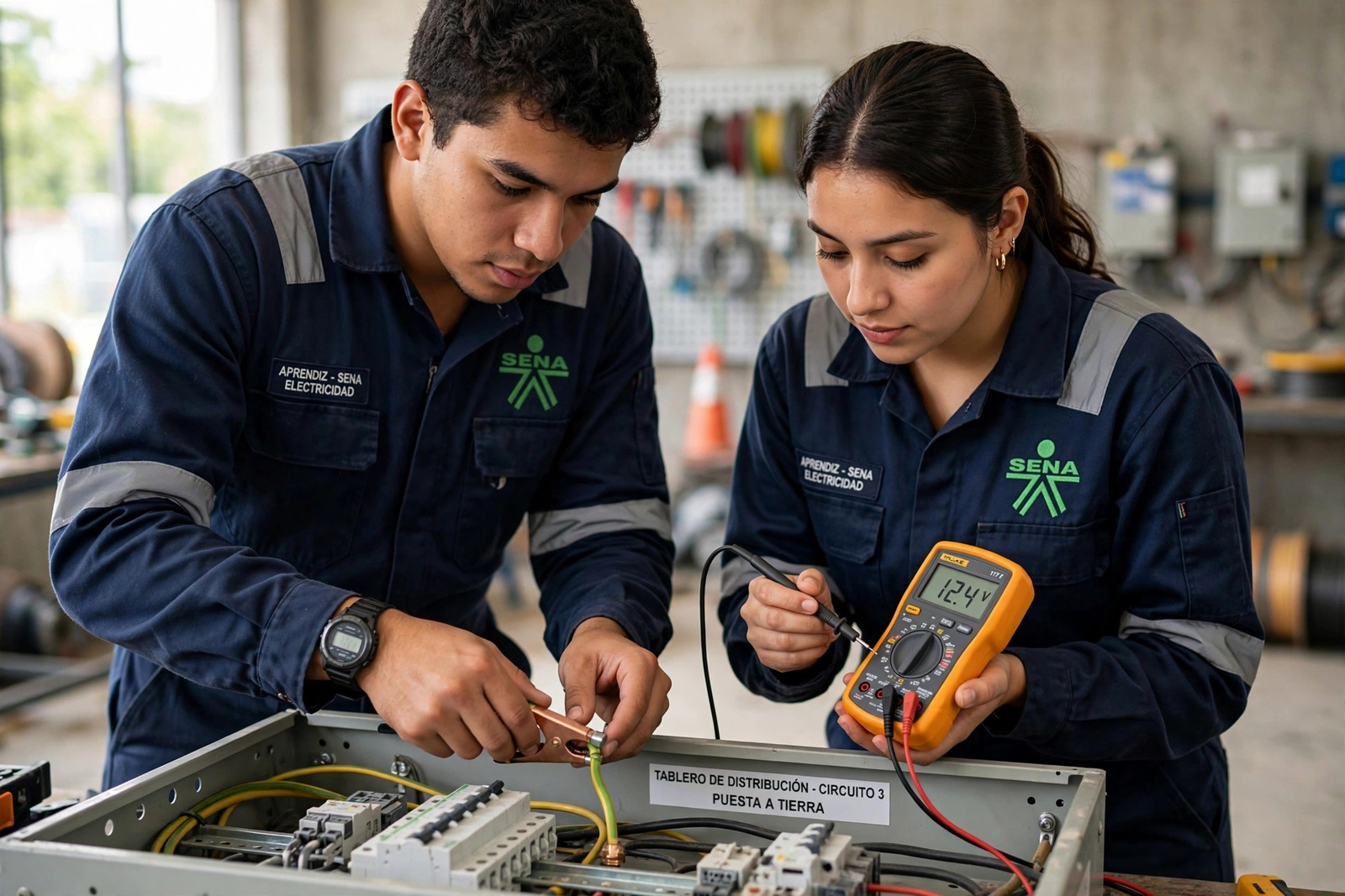 Aprendices trabajando en el taller de electricidad con cableado y tableros