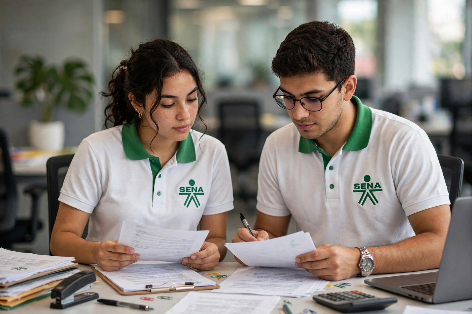 Aprendices proyectando con documentos y calculadora el mercado de un negocio