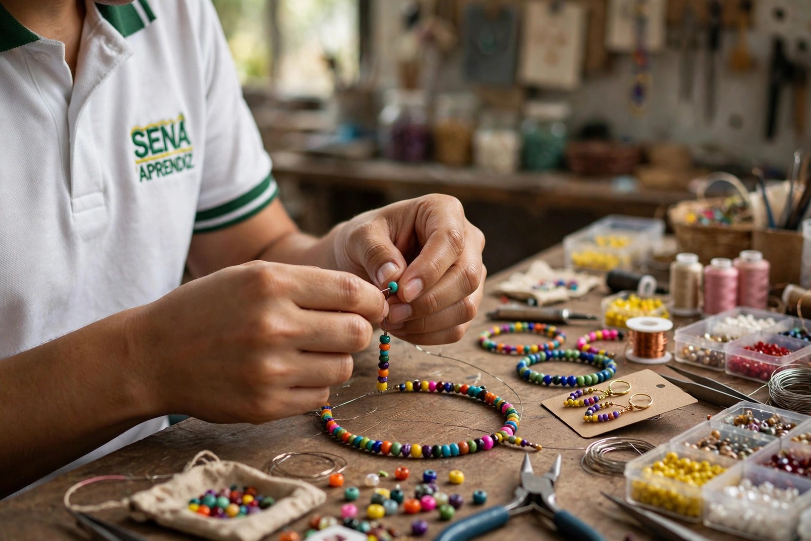 Aprendices del SENA elaborando collares y pulseras artesanales con cuentas de colores en un taller de bisutería
