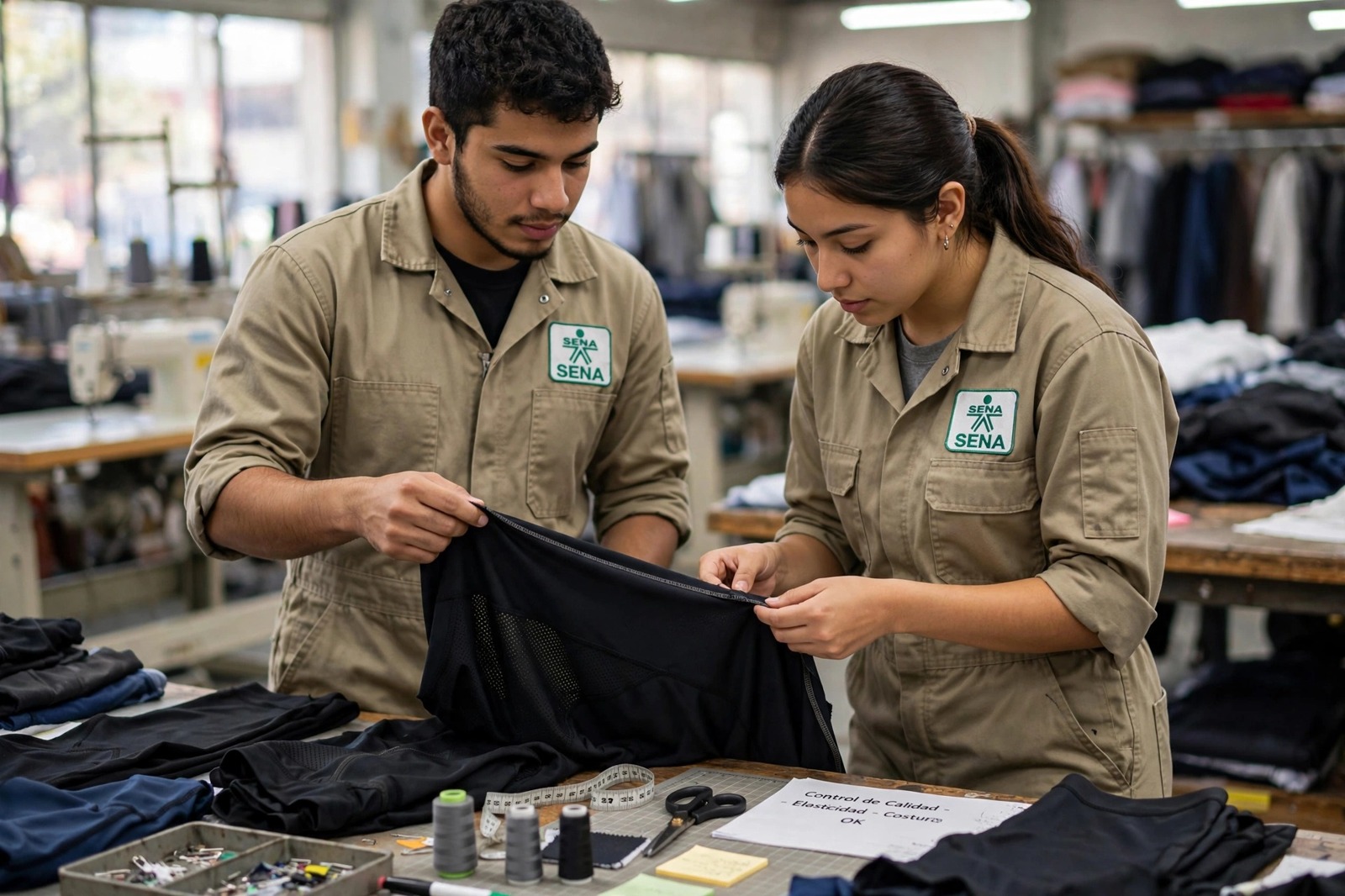 Aprendices del SENA inspeccionando prendas deportivas terminadas en un taller de confección