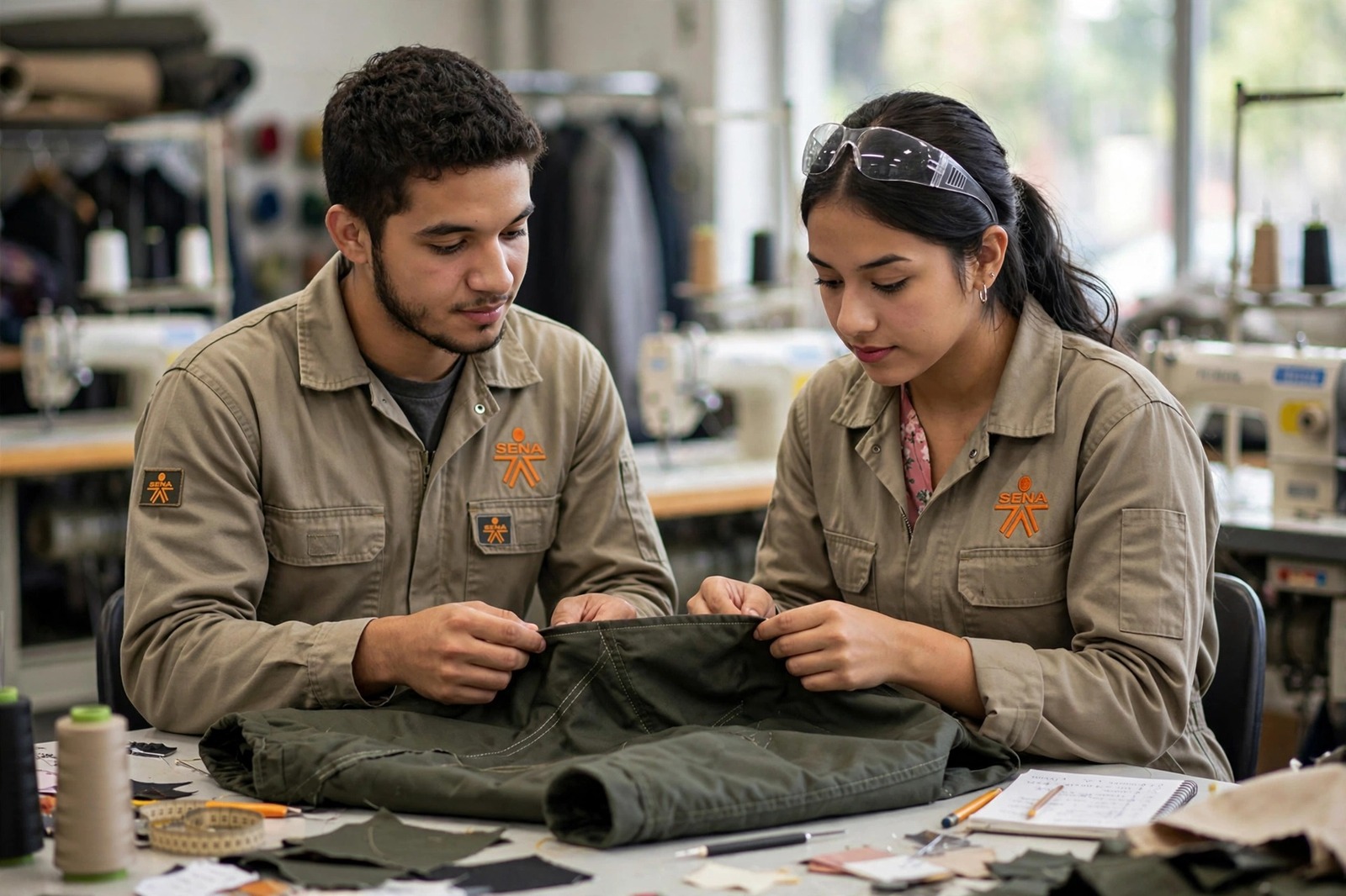 Aprendices del SENA revisando la calidad de las costuras de una chaqueta en un taller de confección