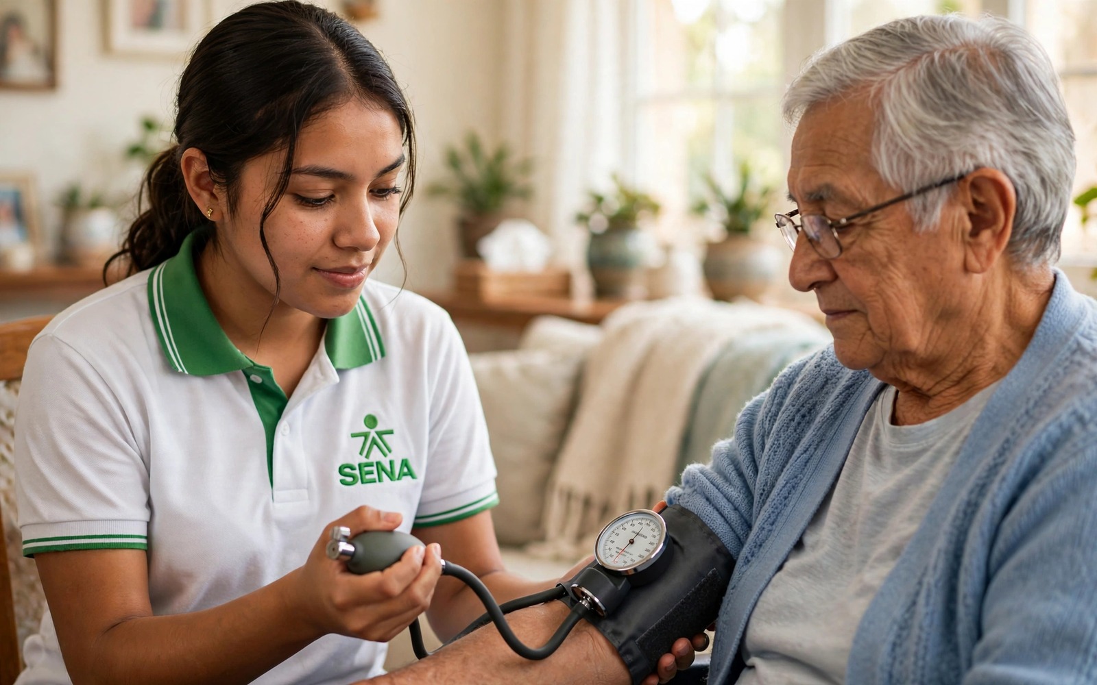 Aprendiz del SENA tomando los signos vitales a una persona mayor en un hogar de cuidado