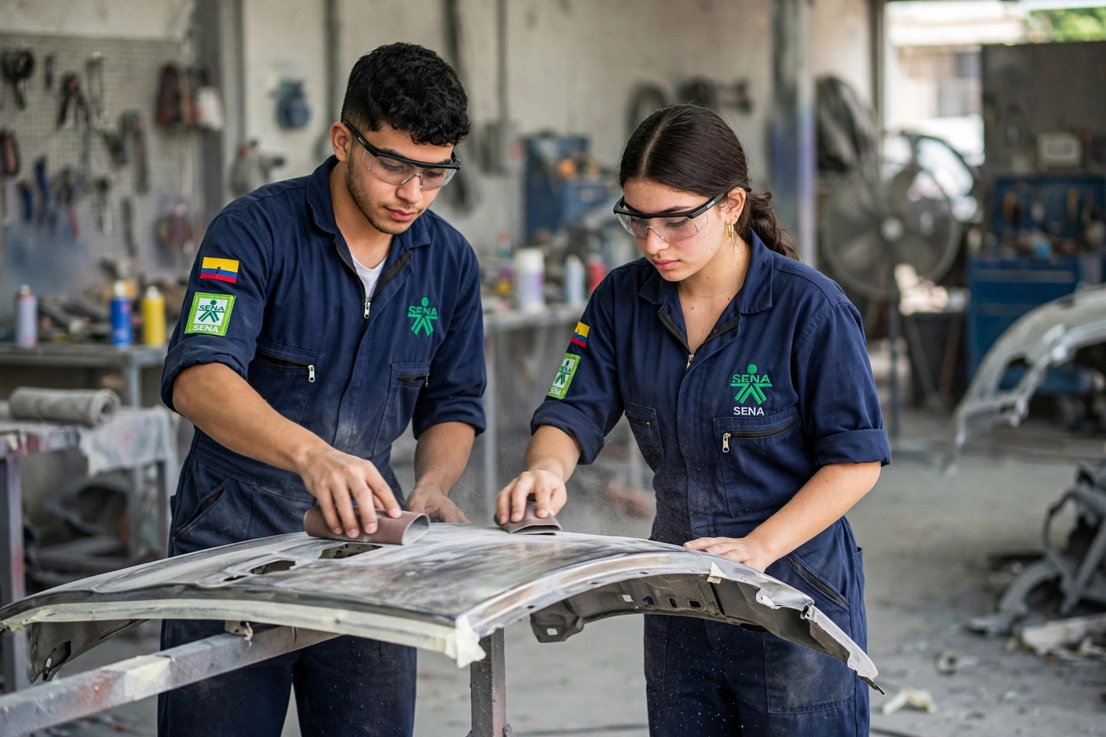 Aprendices del SENA lijando y preparando la carrocería de un vehículo en un taller de latonería