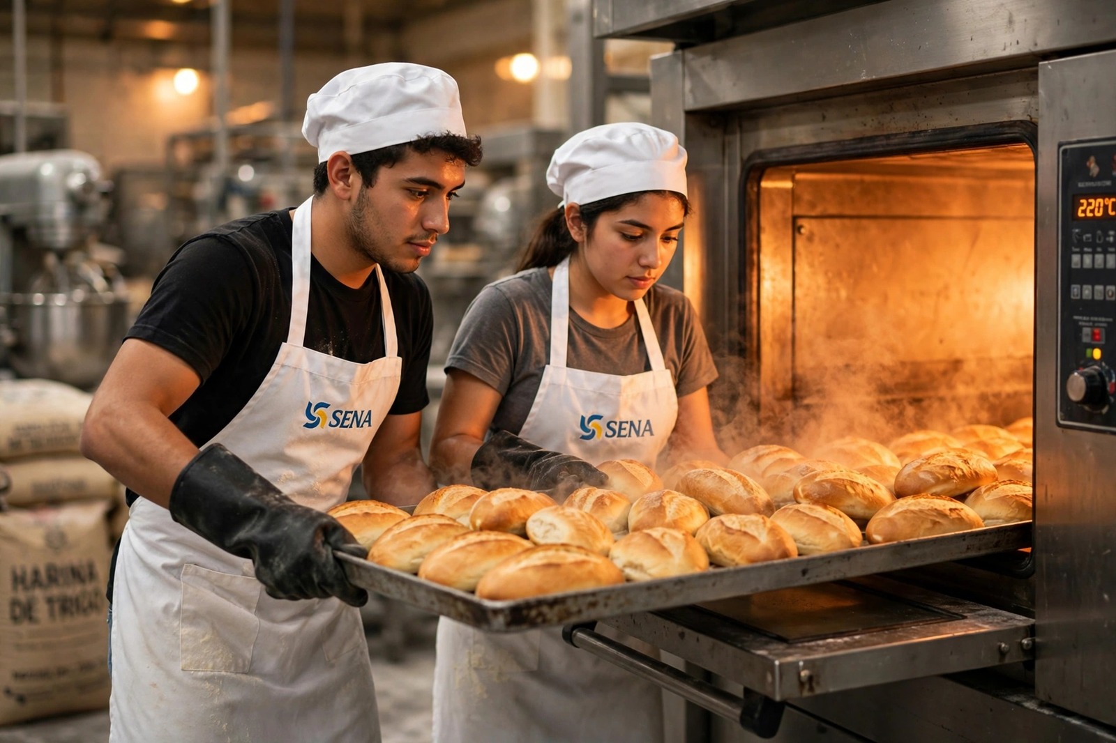 Aprendiz del SENA sacando una bandeja de panes dorados de un horno industrial