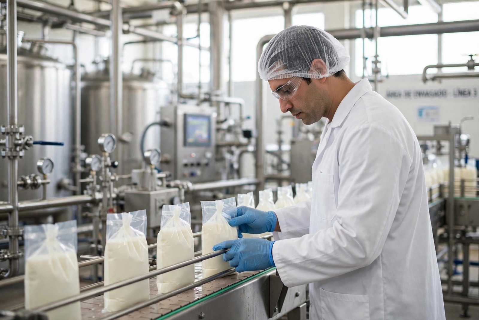 Operario de planta láctea verificando el envasado de bolsas de leche en la línea de producción
