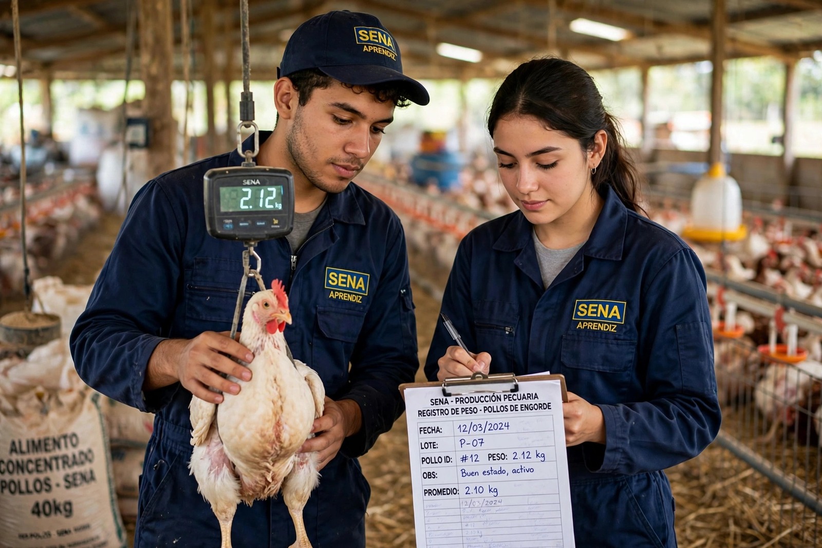 Aprendices del SENA pesando pollos de engorde y registrando el crecimiento del lote en una granja avícola