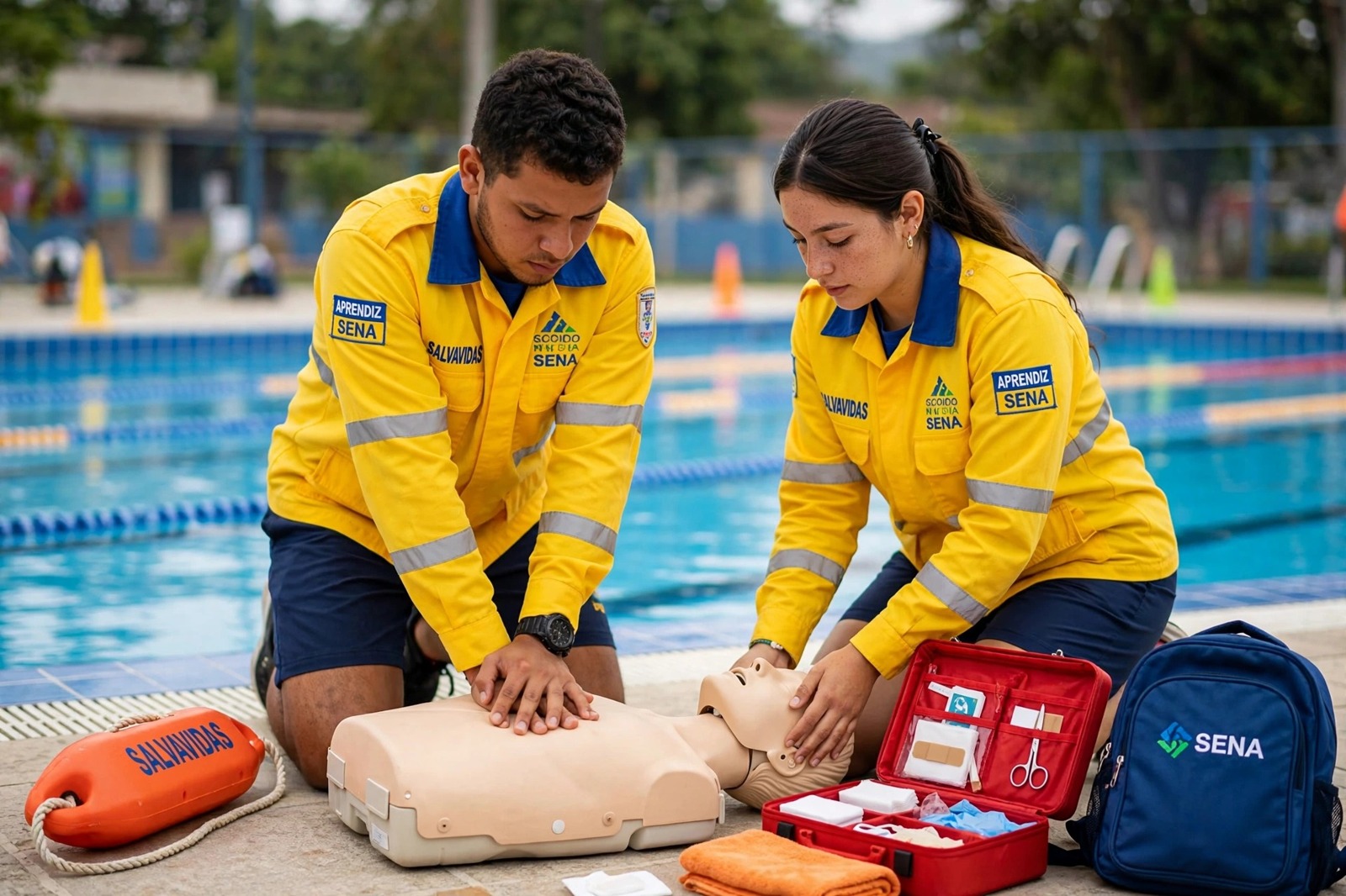 Aprendices del SENA practicando primeros auxilios junto a una piscina en entrenamiento de rescate
