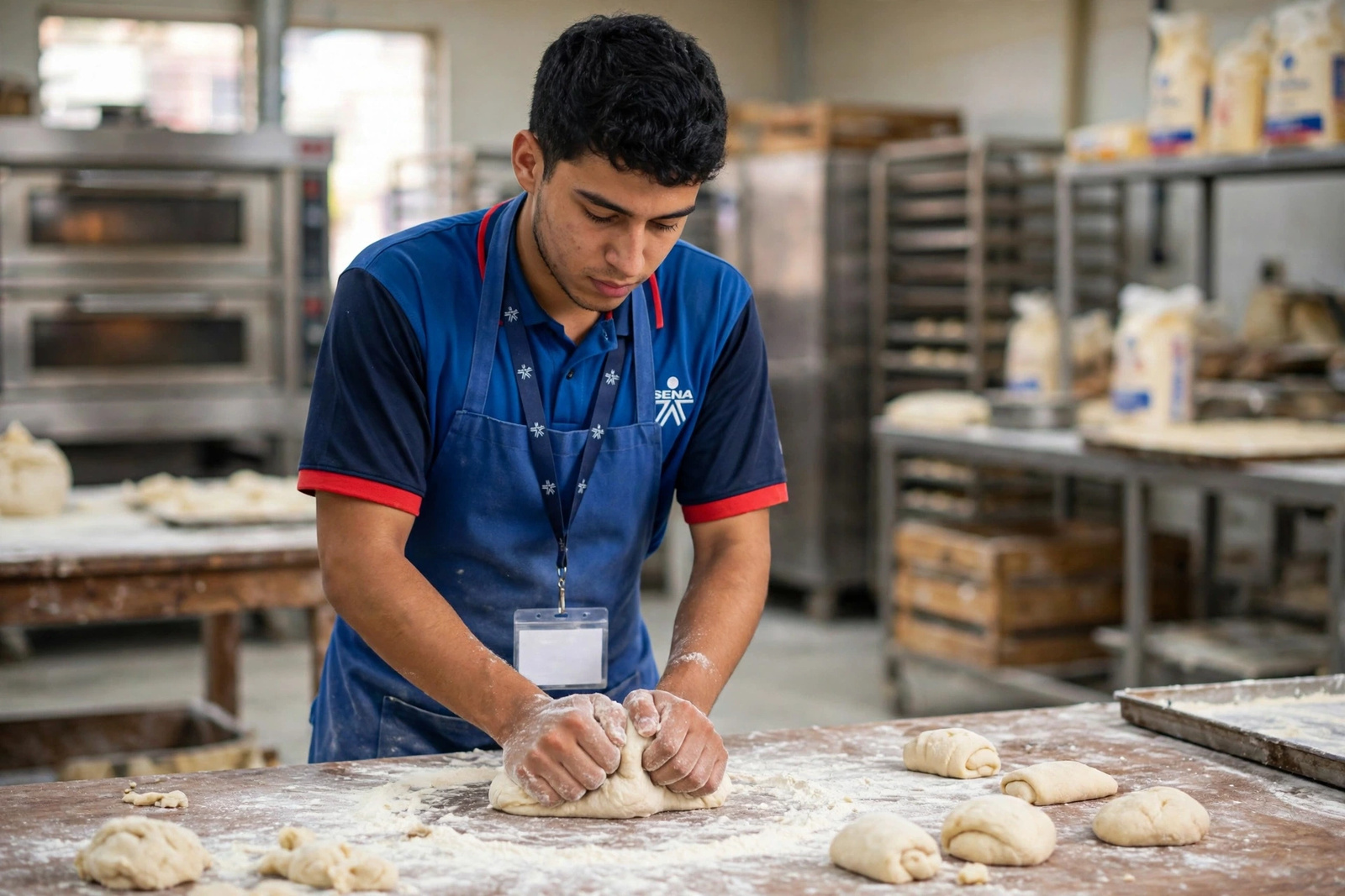 Aprendiz del SENA amasando porciones de masa en una mesa de panadería