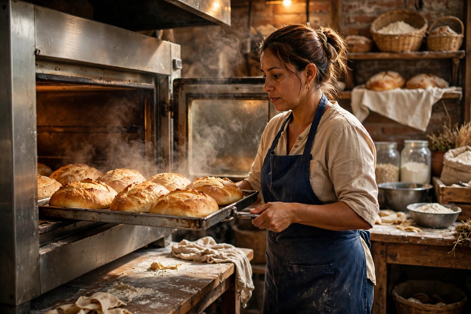 Panadera sacando una bandeja de panes del horno en un obrador artesanal