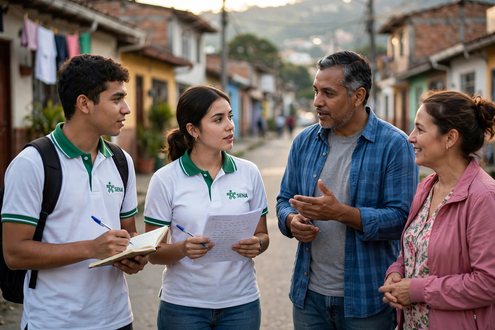 Aprendices conversando con vecinos de un barrio y tomando notas en la calle