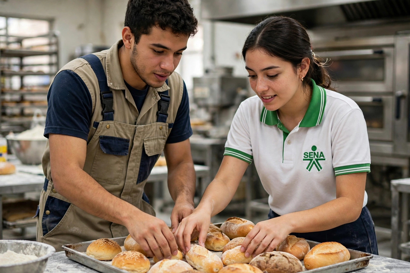 Dos aprendices organizando una bandeja de productos horneados