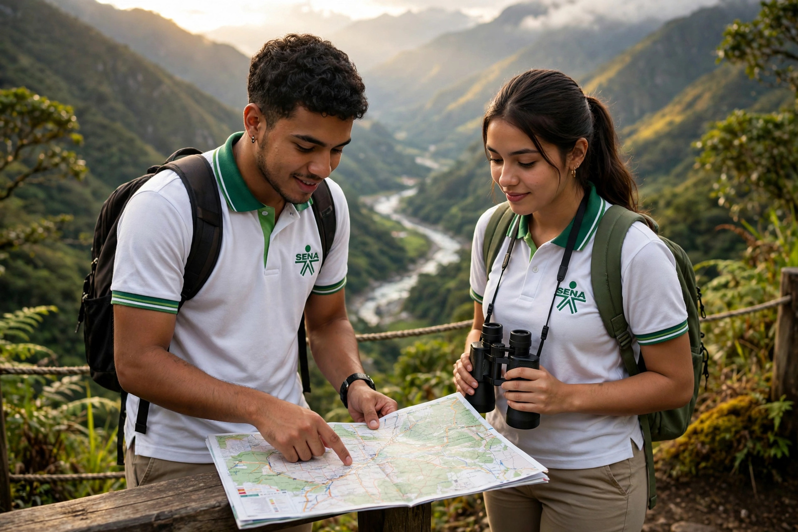 Dos guías revisando el mapa del destino en un mirador con binoculares