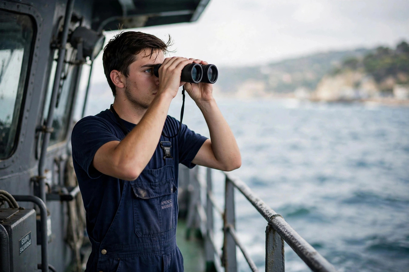 Aprendiz de patrón de pesca observando el horizonte con binoculares desde la embarcación