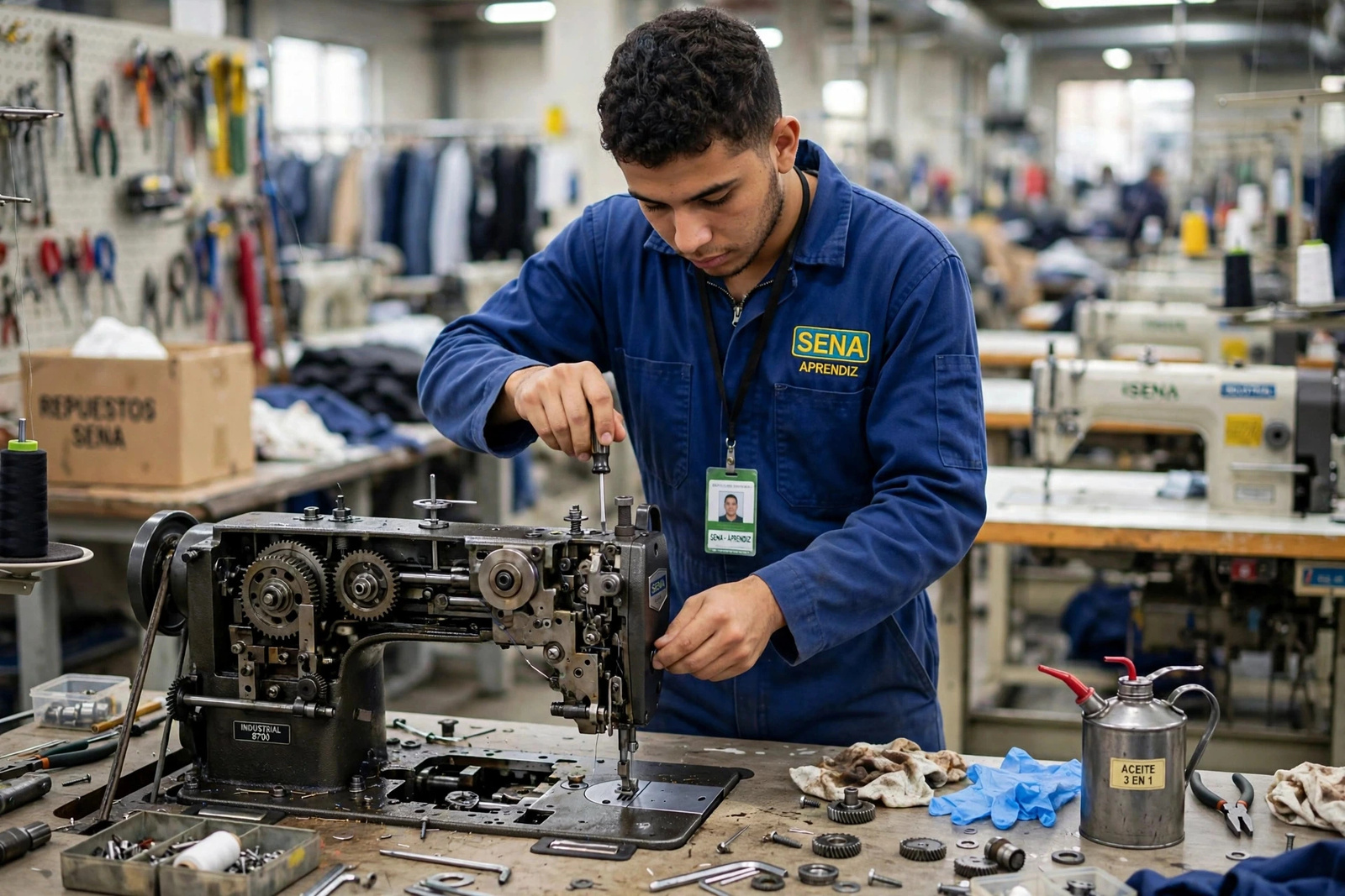 Aprendiz del SENA trabajando en una máquina de coser industrial en un taller de confección