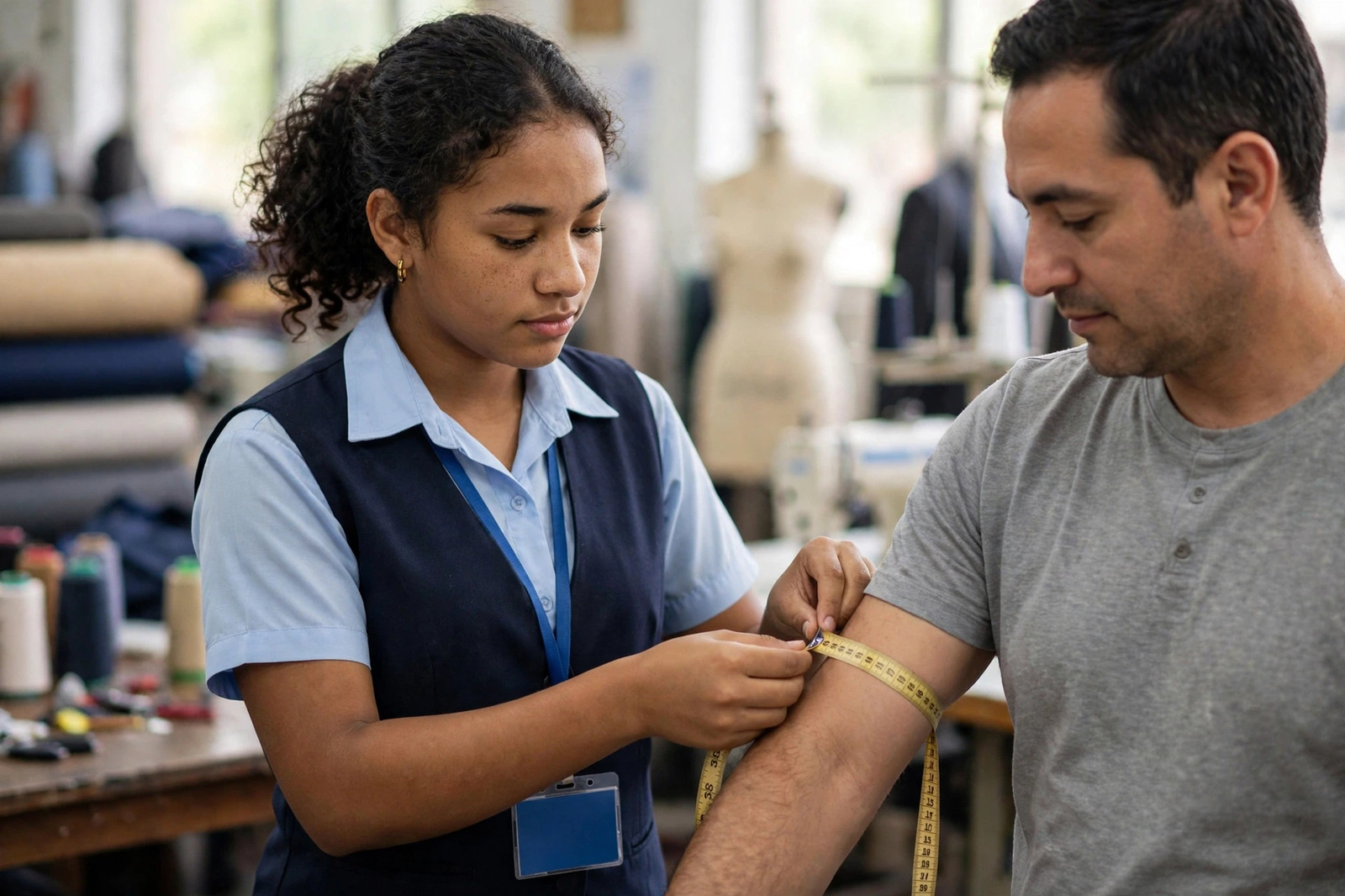 Aprendiz tomando las medidas del brazo para el cuadro de tallas masculino