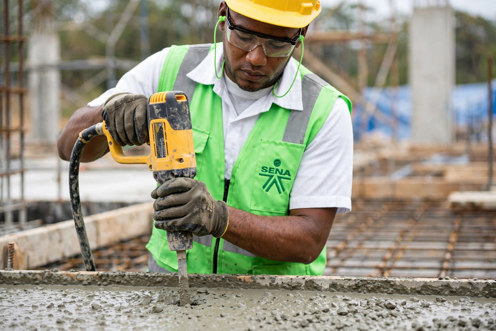 Mezcladora de concreto en operación durante el mantenimiento de la vía