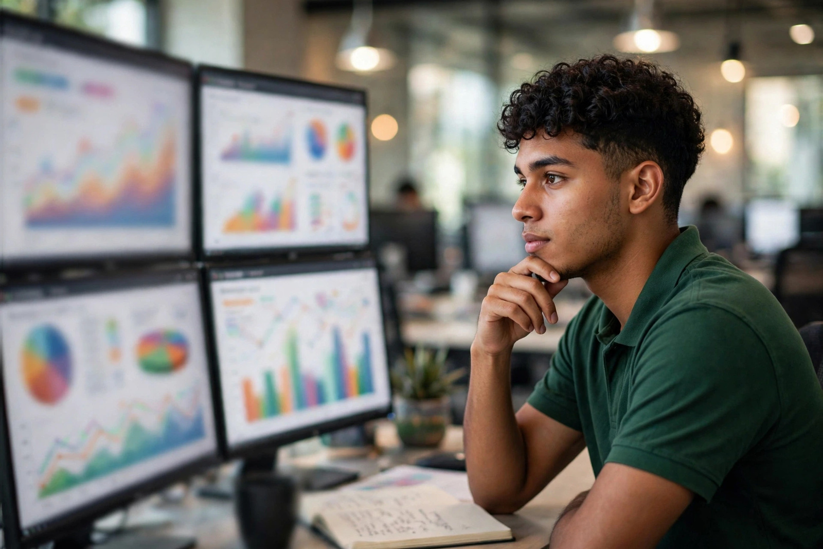 Analista observando tableros de indicadores de mercadeo en varias pantallas