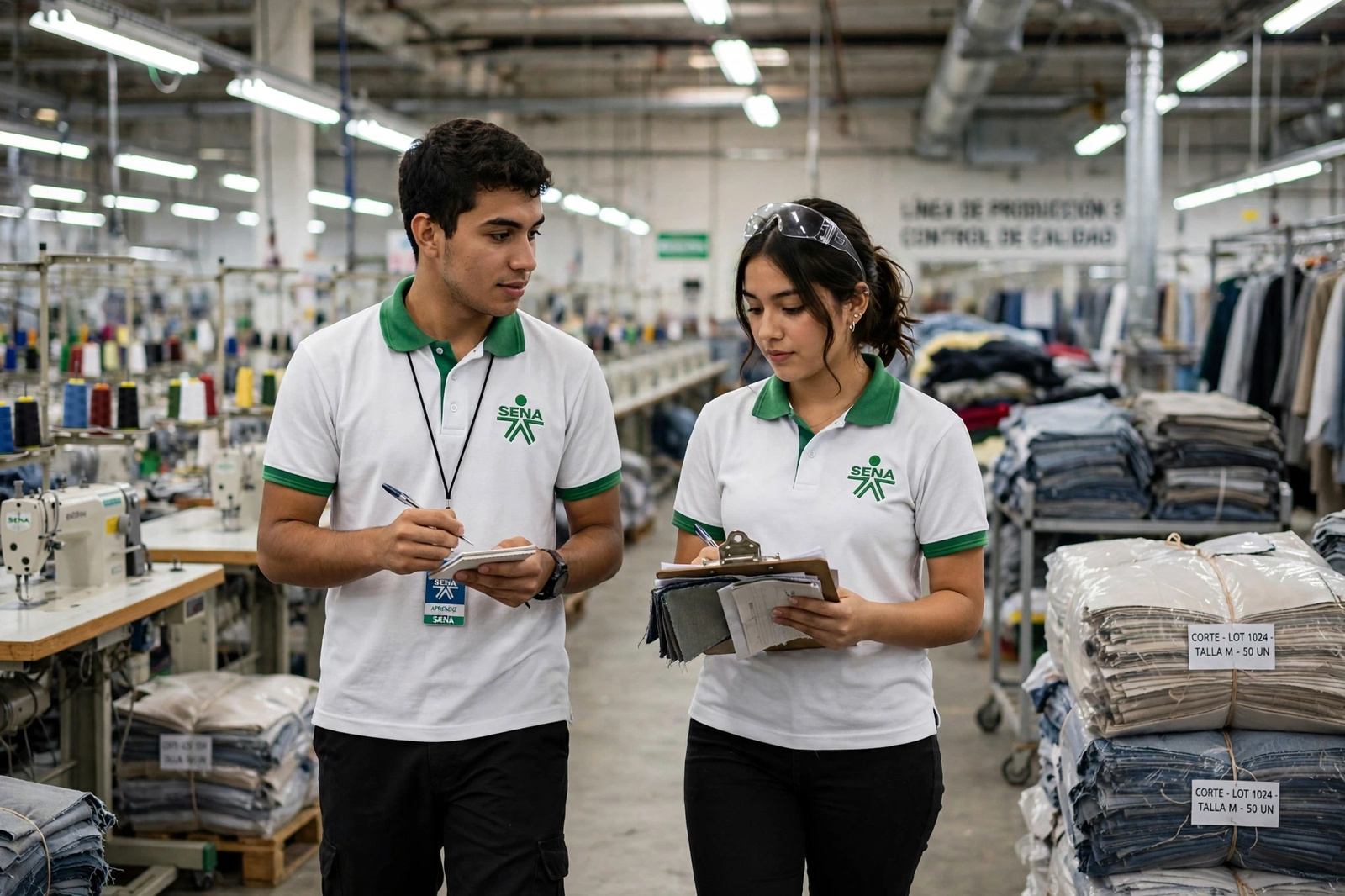 Dos aprendices recorriendo la línea de producción con documentos de planeación