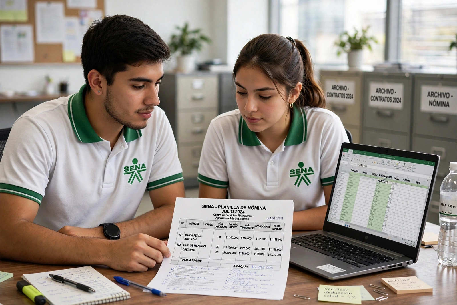 Dos analistas revisando la planilla de datos impresa junto al portátil