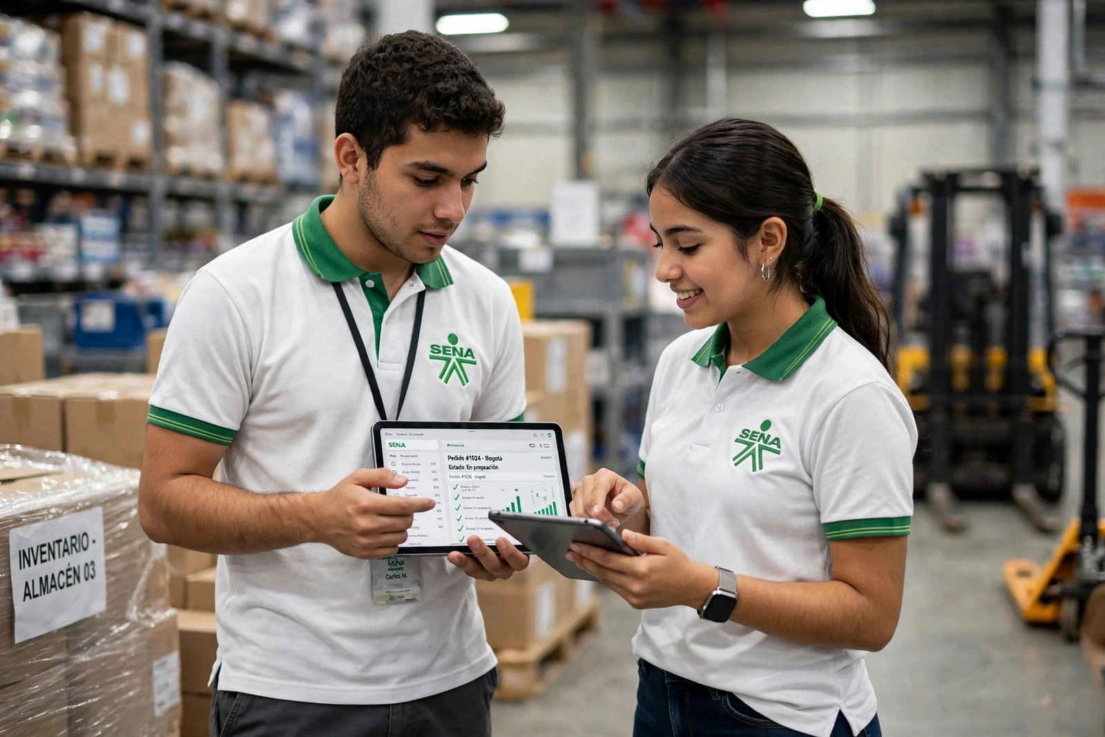 Aprendices del SENA revisando cifras de presupuesto en tabletas
