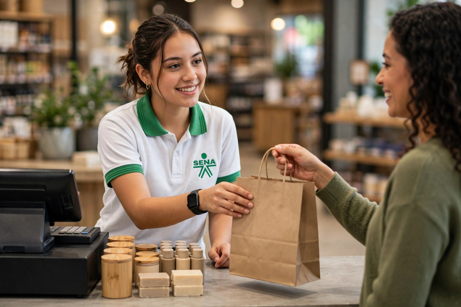 Aprendiz entregando una bolsa de compra a un cliente en el mostrador de una tienda