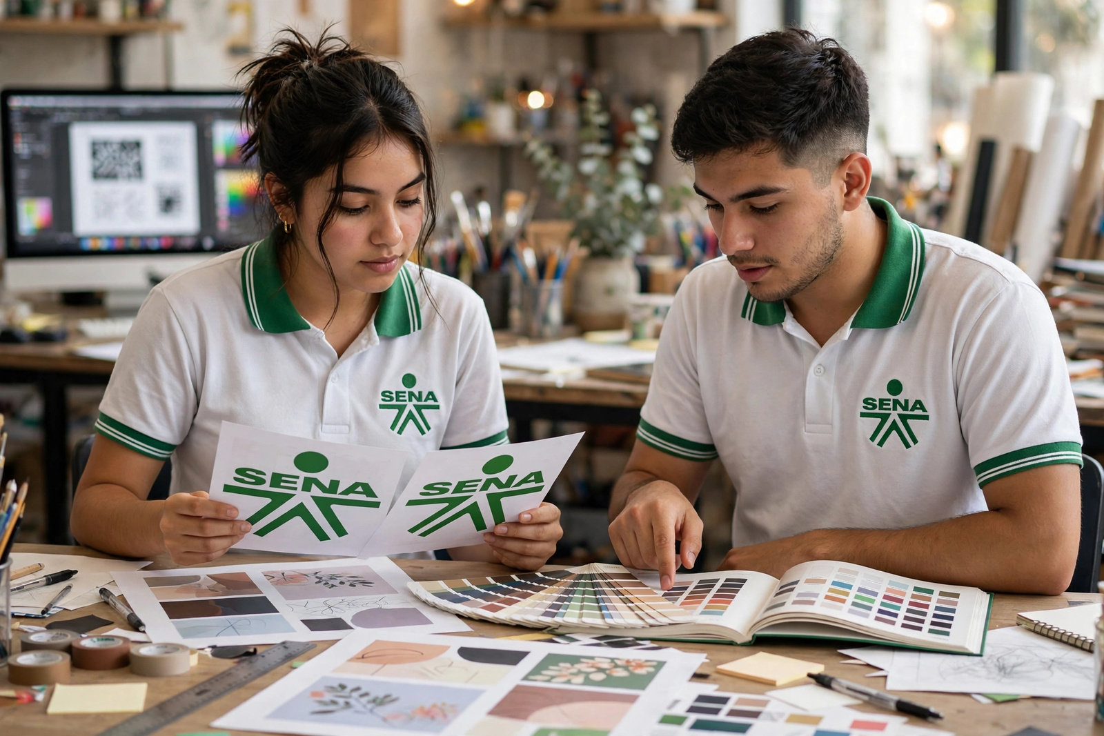 Dos aprendices revisando pruebas impresas de diseño con la guía de color