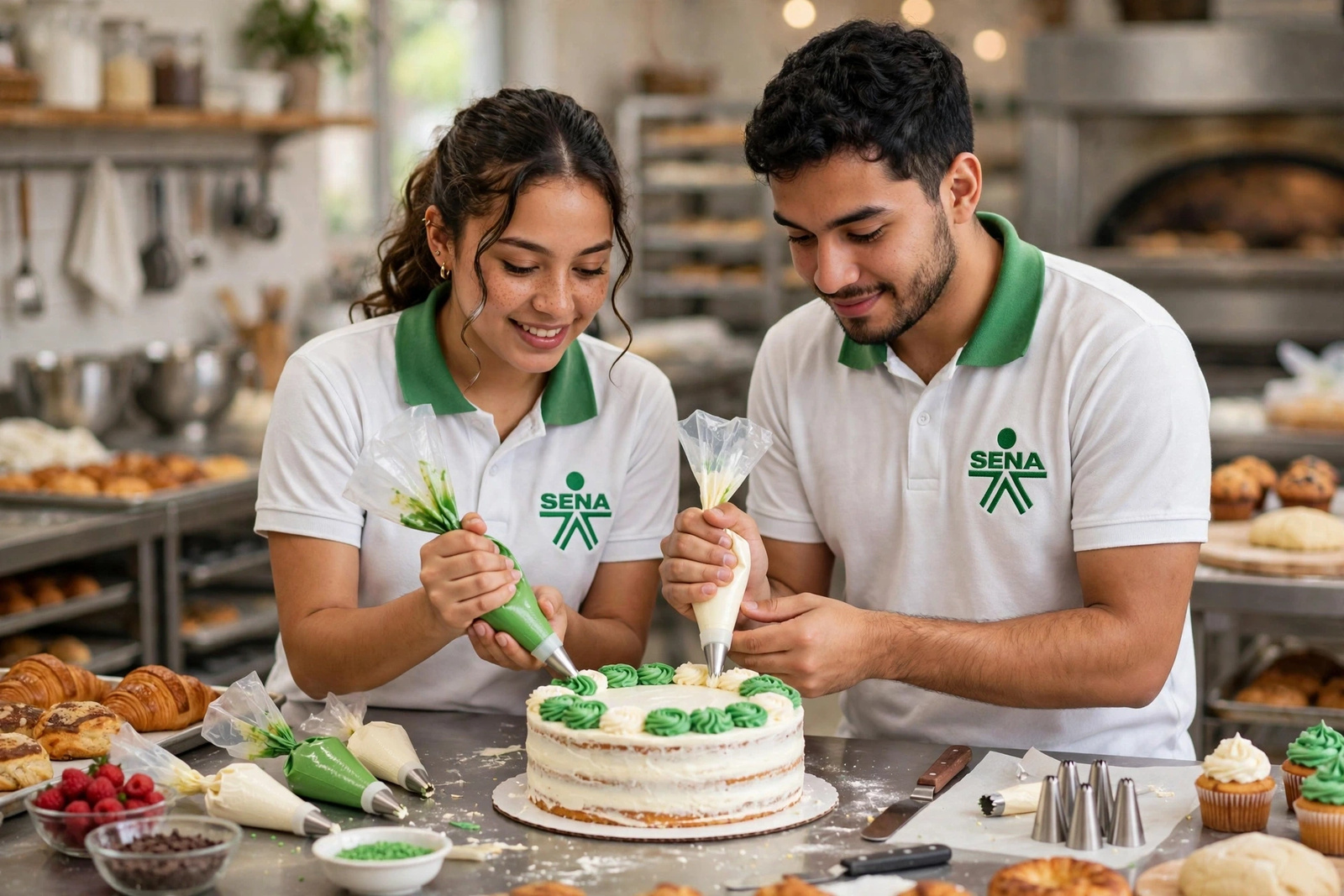 Aprendices del SENA decorando una torta con mangas pasteleras en un obrador