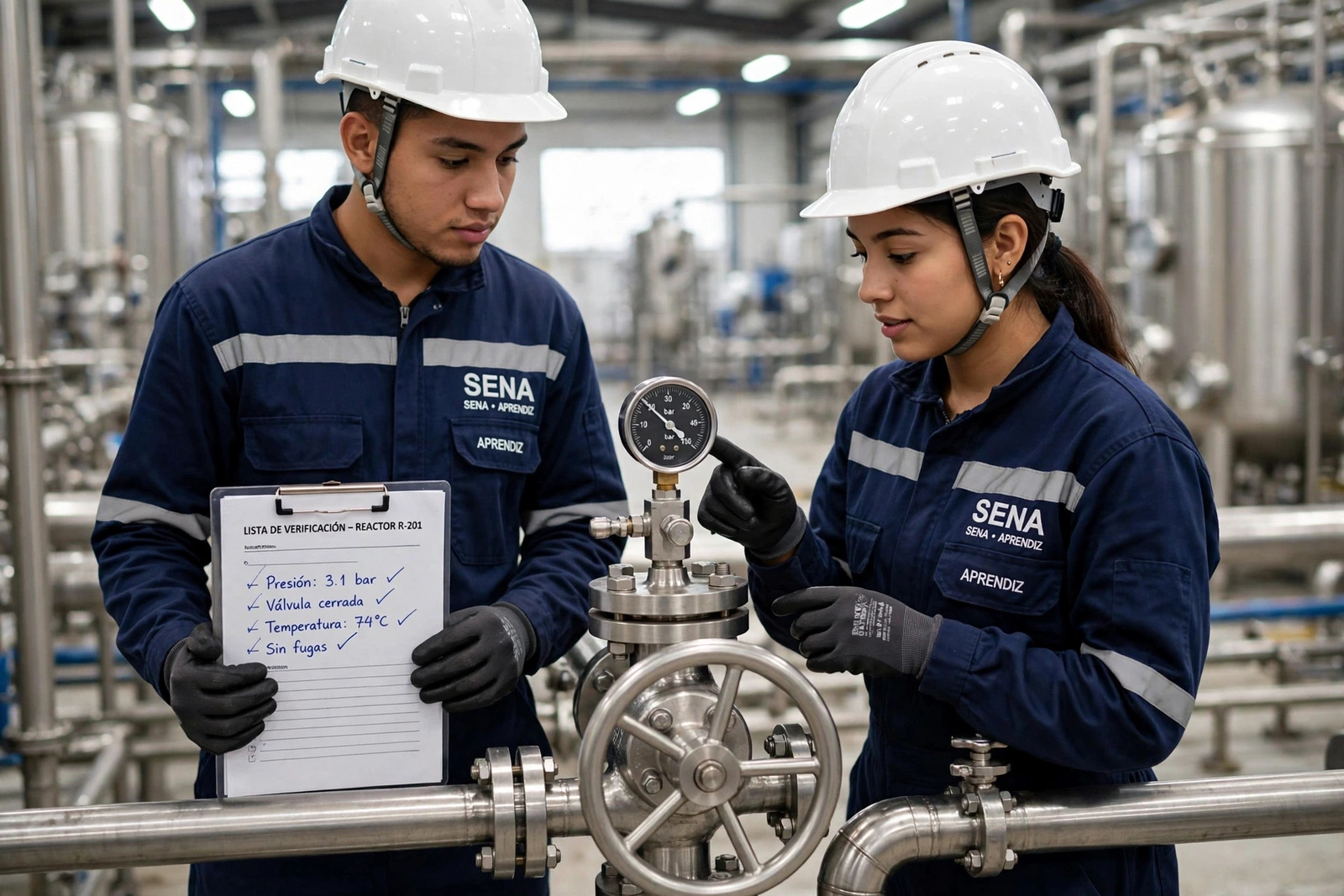 Aprendices revisando un manómetro y una válvula en la planta de producción química