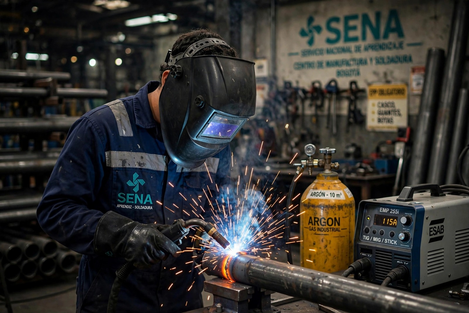 Soldador uniendo una tubería de acero al carbono con proceso TIG en un taller industrial