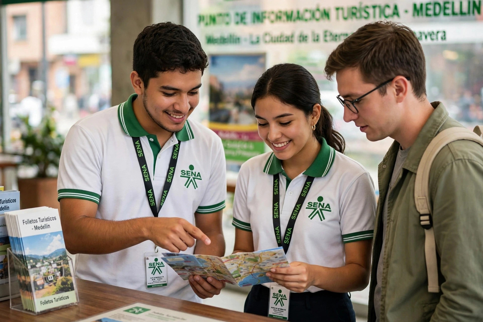 Aprendices orientando a un visitante en un punto de información turística