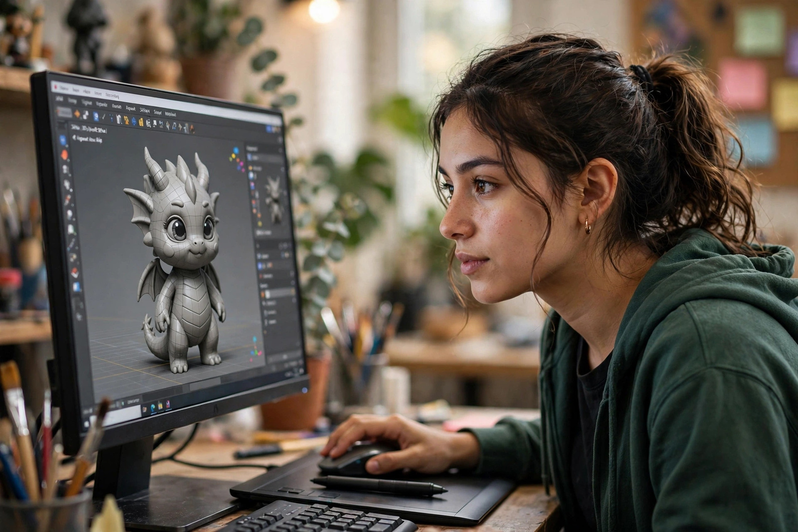 Aprendiz del SENA modelando un personaje en 3D en su estación de trabajo