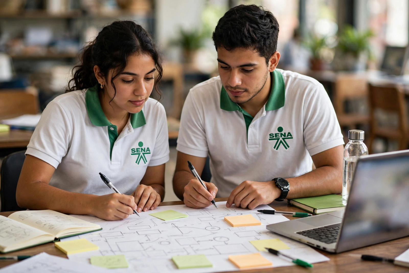 Aprendices revisando un cuaderno de proyecto en una tienda de barrio