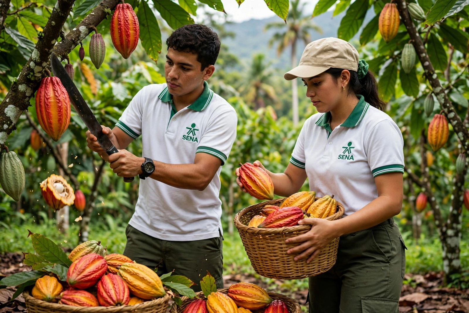 Dos aprendices cosechando mazorcas de cacao con la canasta de recolección