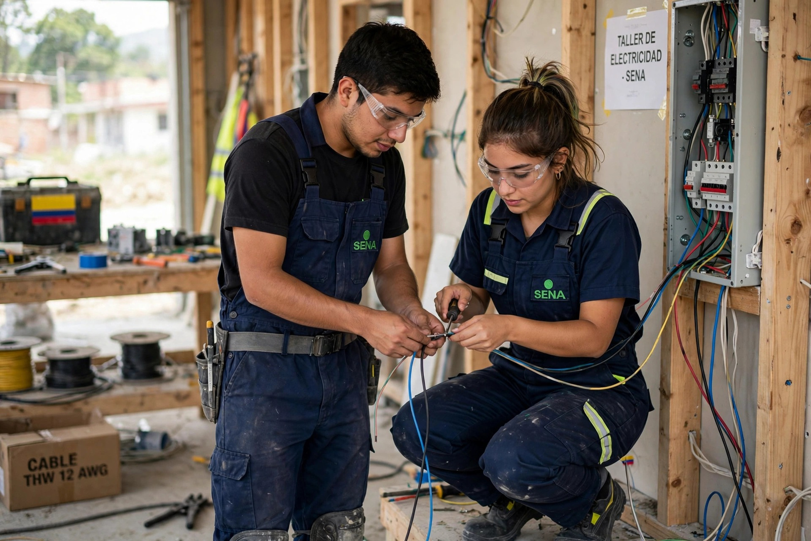 Aprendices trabajando en el tablero de una instalación eléctrica y de red