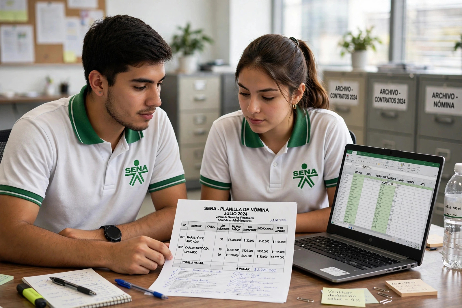 Dos aprendices revisando una planilla contable junto a la hoja de cálculo del portátil