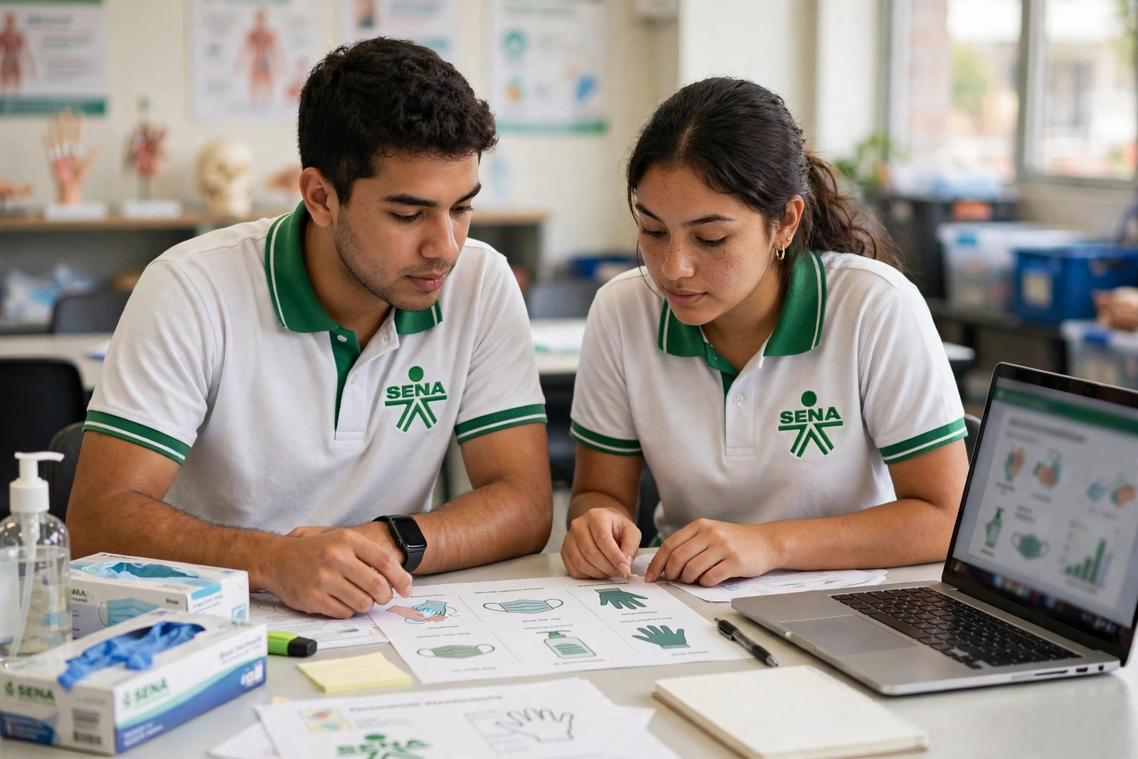 Dos profesionales revisando materiales de apoyo psicosocial con el portátil