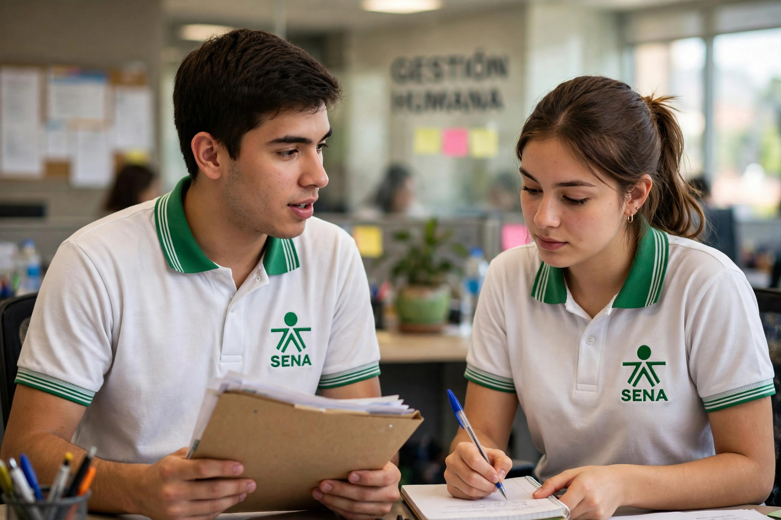 Dos profesionales de talento humano conversando en la oficina con la carpeta del proceso